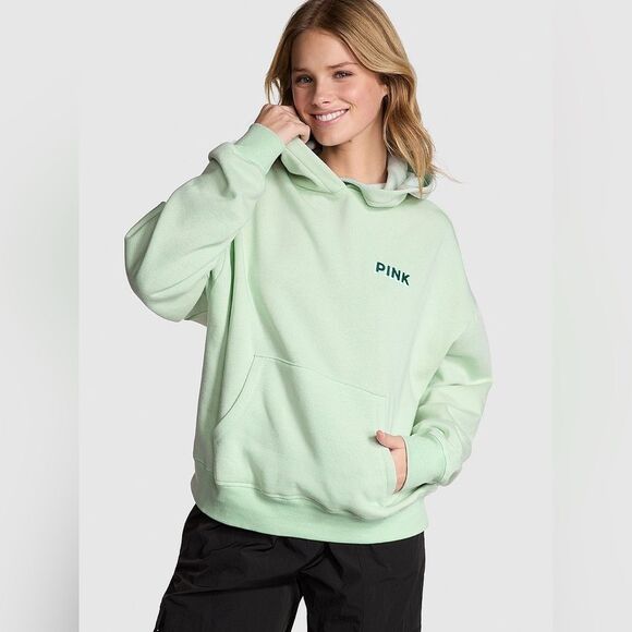 PINK Victoria's Secret Ivy Fleece Campus Hoodie Mint Aspen Ski Size Large - Picture 1 of 8